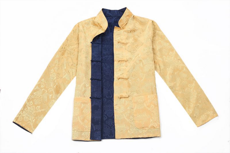 พร้อมส่ง (สินค้าตัวโชว์) ชุดจีน ชาย เสื้อคอจีน ผ้าแพร สีทอง / น้ำเงิน ใส่ได้สองด้าน (XL)