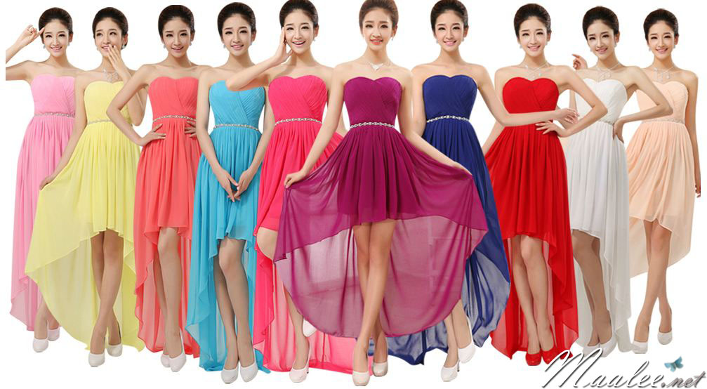 พร้อมส่ง ชุดราตรีสั้น เกาะอก หน้าสั้นหลังยาว สีฟ้าอ่อน อัดพลีตหน้าอก คาดเอวคริสตัล