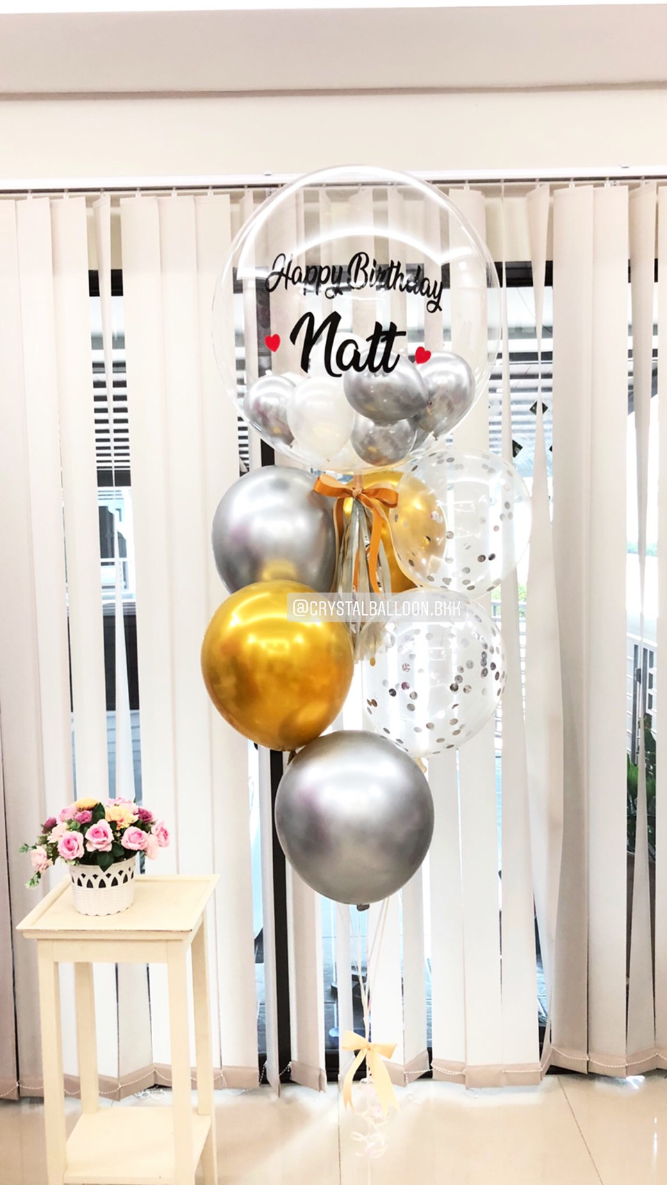 ลูกโป่ง วันเกิด Bubble USA ขนาด 24" สีเงินโครเมี่ยม-ทองโครเมี่ยม เรียบหรู พร้อมตกแต่ง ลูกโป่ง 7 ลูก,ลูกโป่งใส ใส่ Confetti สามารถเปลี่ยนสีลูกโป่ง/เปลี่ยนข้อความได้