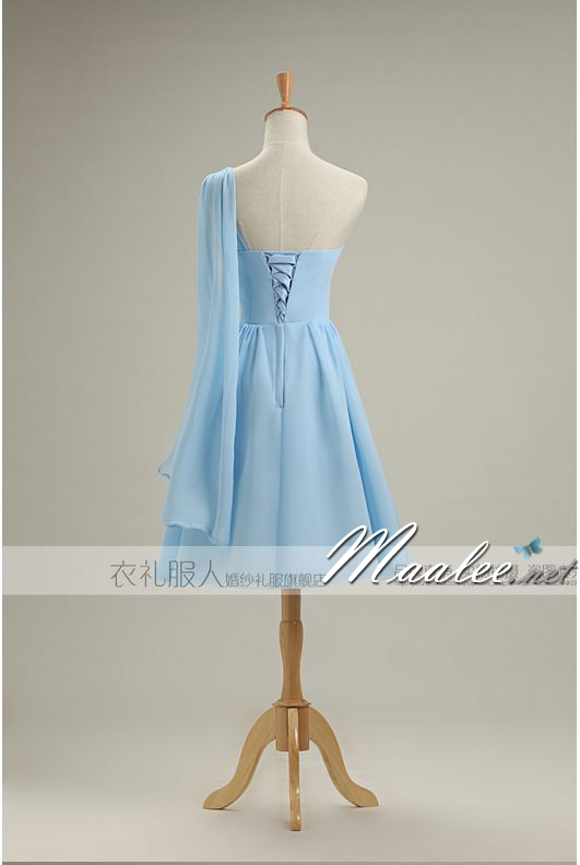 พร้อมเช่า ชุดราตรีสั้น สีฟ้าอ่อน ชุดเพื่อนเจ้าสาว Blue-001D