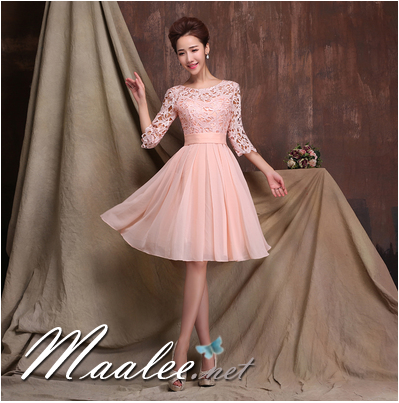 พร้อมเช่า ชุดราตรีสั้น สีชมพู แขนสามส่วน ลูกไม้ฉลุ กระโปรงผ้าชีฟอง