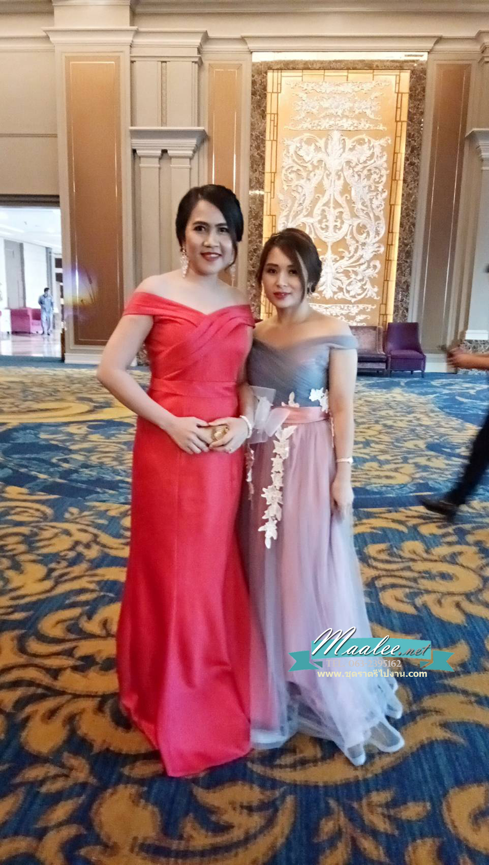 พร้อมเช่า ชุดราตรียาว แบบไหล่ปาด สีเทา-ชมพู Two Tone สไตล์เจ้าหญิง สวยหวานน่ารักมาก เนื้อผ้าตาข่าย แต่งโบว์และลูกไม้ช่วงเอว (เชือกผูกหลัง)