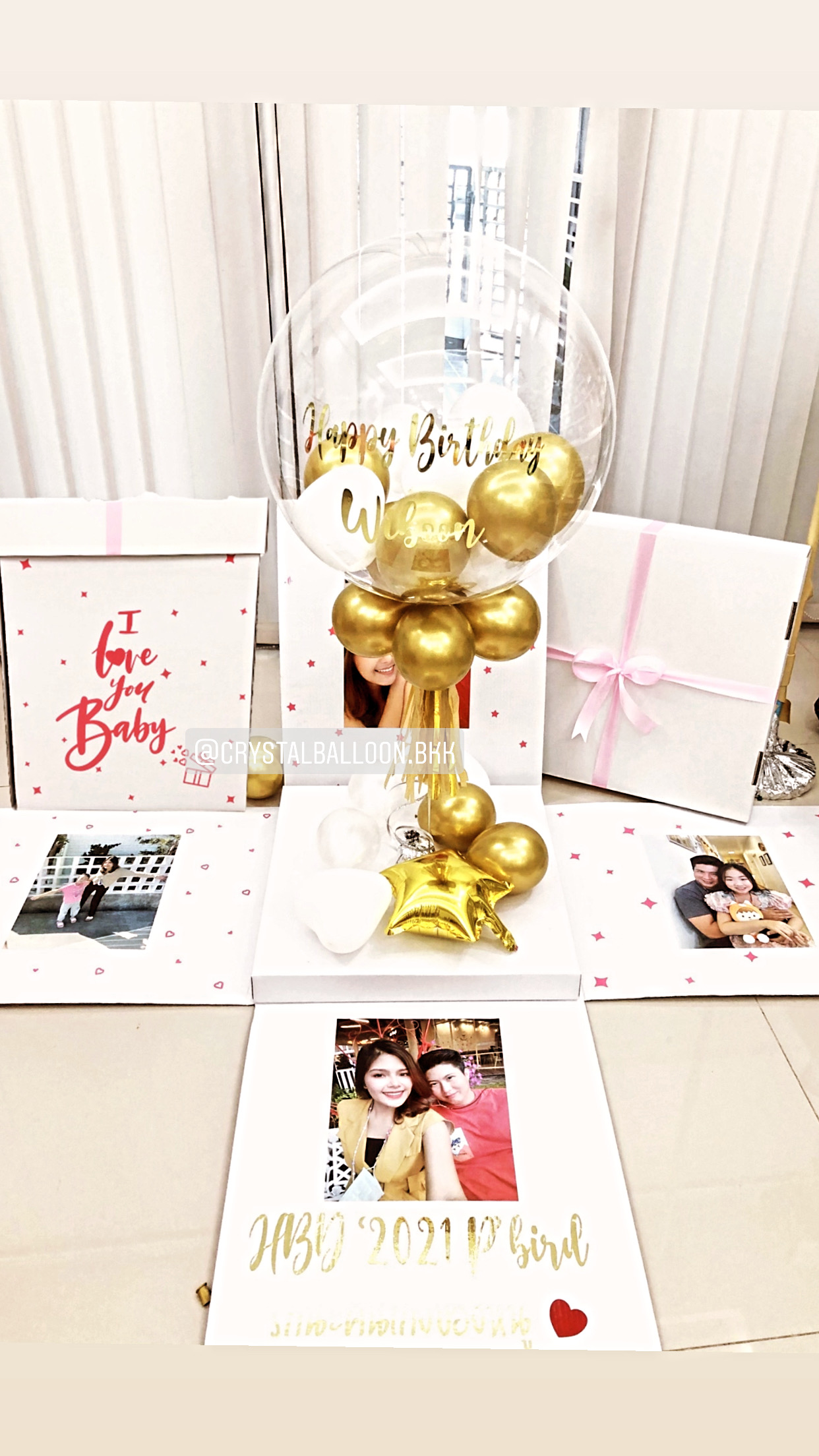 Happy Birthday Surprise Box กล่องเซอร์ไพรส์วันเกิด Bubble USA ขนาด 24" Theme สีทอง พร้อมตกแต่ง สามารถใส่รูปได้ 4 ใบ สามารถเปลี่ยนสีลูกโป่ง/เปลี่ยนข้อความได้