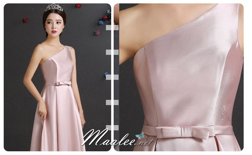 พร้อมเช่า ชุดราตรียาว ชุดเพื่อนเจ้าสาว สีชมพู Pastel แบบ F ไหล่เดียว ผ้าซาติน มีโบว์ช่วงเอว (เชือกผูกด้านหลัง)