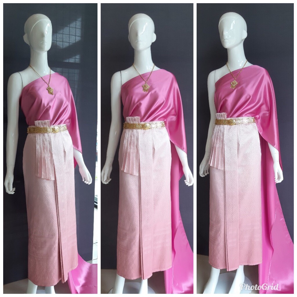 เช่า ชุดไทย ชุดเพื่อนเจ้าสาว ชุดไทยผ้าถุงสีชมพูไล่สี สไบเรียบสีชมพูเข้ม