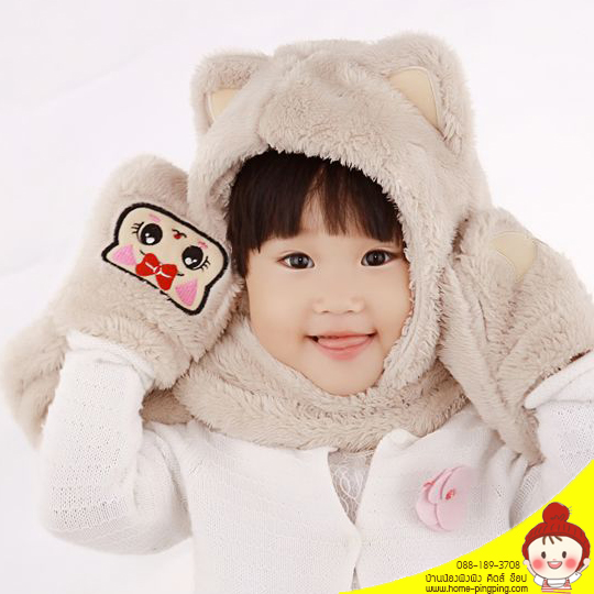 หมวกคลุมลูกแมว สีเทา เนื้อผ้าขนสัตว์นิ้มนิ่ม หูยาว สวมมือได้ พันคอได้