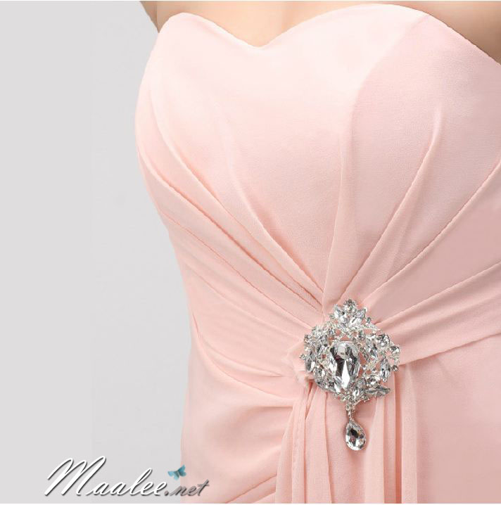 พร้อมส่ง ชุดราตรีสั้น เข้ารูปสวย คอ SweetHeart สีโอรส จับเดรปช่วงเอวแต่งคริสตัล ปล่อยระบายสวย