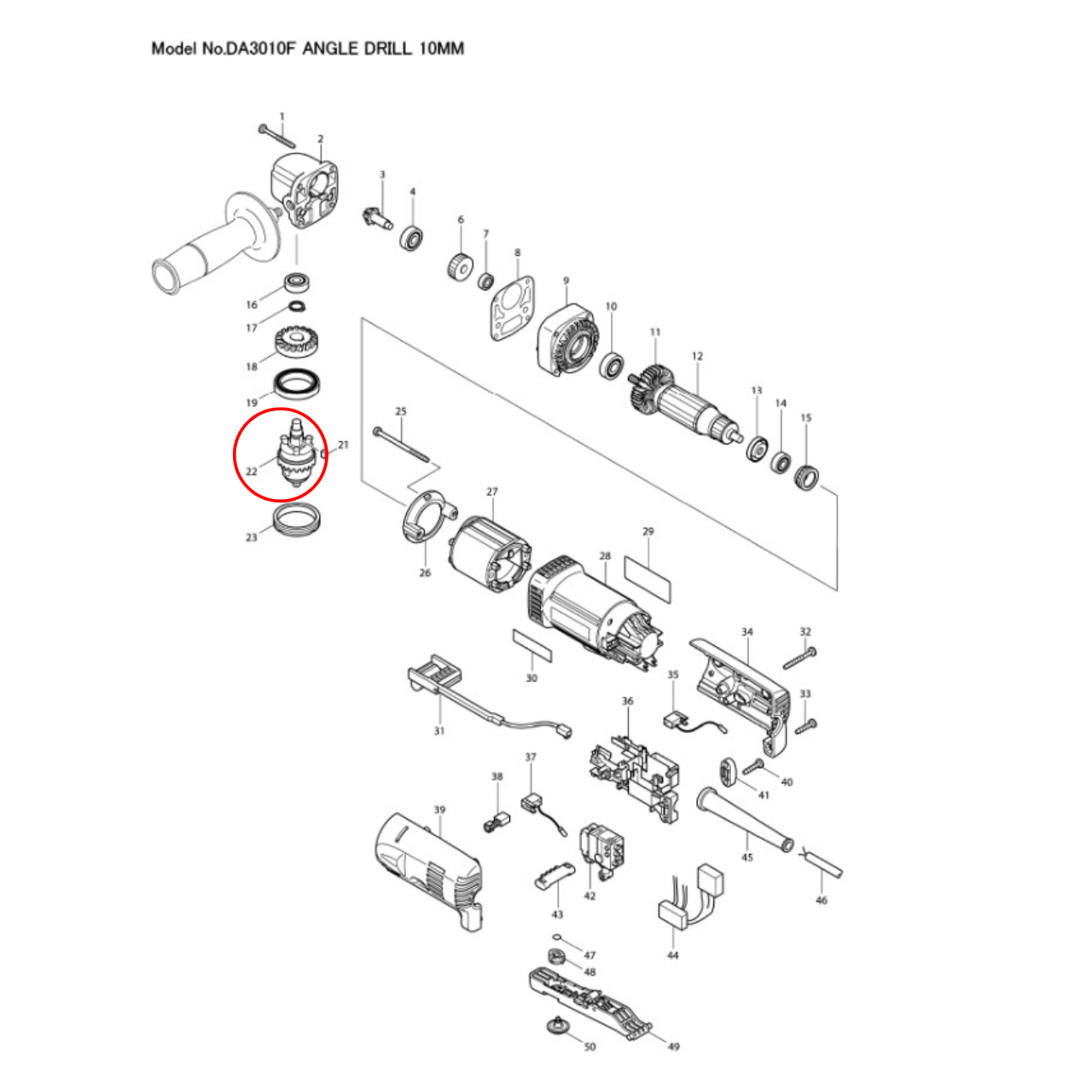 DRILL CHUCK สว่านหัวงอ Makita DA3010 [#22] Pn.763174-5 (แท้) ##
