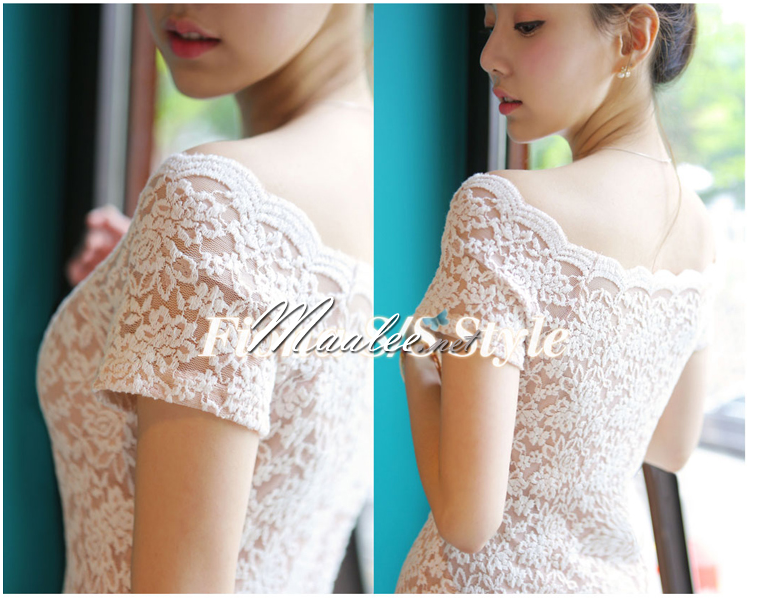 พร้อมส่ง ชุดออกงาน ชุดเดรสสั้นเข้ารูป สีขาว คอปาด ผ้าลูกไม้เนื้อนิ่ม สวมใส่สบาย