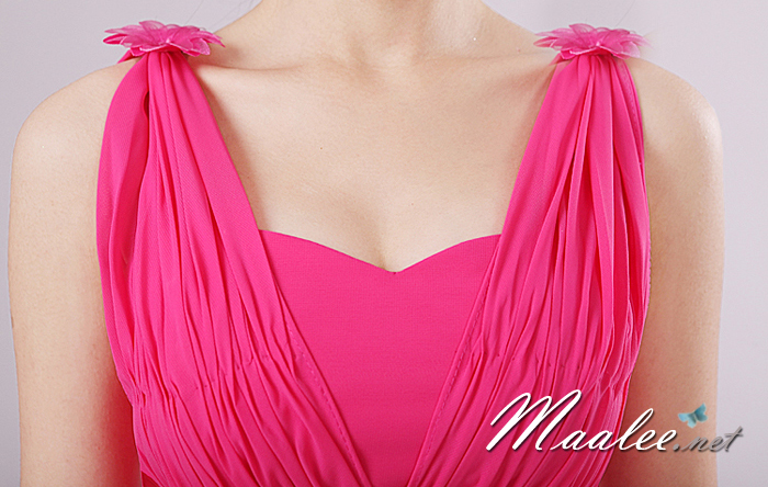 พร้อมส่ง ชุดราตรียาว สไตล์กรีก ผ้าชีฟอง สีชมพู Hot Pink คาดเอวผ้าซาติน เรียบหรู