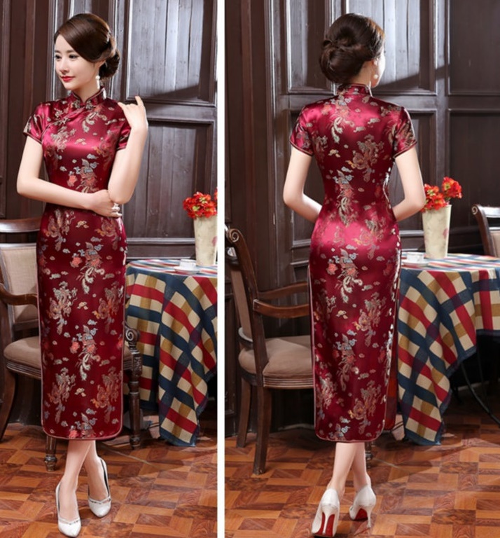 Pre-order กี่เพ้า สีไวน์แดง ลายมังกรนกฟินิกซ์ ผ้าไหมจีน กุ๊นขอบ ตัดเย็บอย่างดี