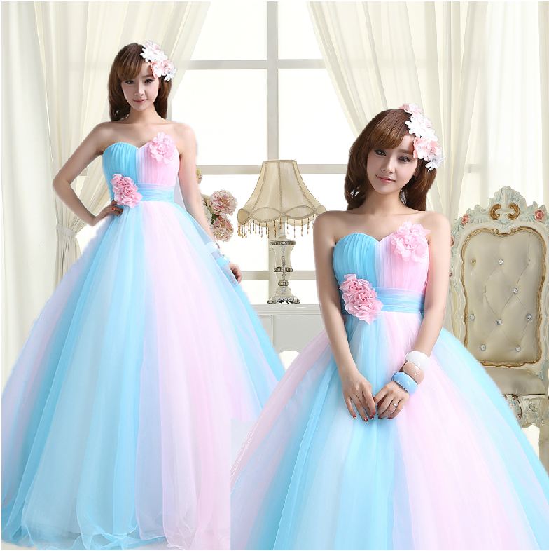 พร้อมเช่า ชุดแฟนซี ชุดราตรียาว เกาะอก สีฟ้า ชมพู สวยหวาน ผ้าโปร่งแต่งดอกไม้