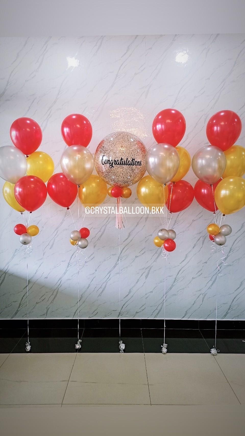ลูกโป่ง แสดงความยินดี Bubble ขนาด 24" พร้อม ช่อลูกโป่ง ช่อ 5 ลูก 4 ช่อ พร้อมตกเเต่ง สามารถเปลี่ยนสีลูกโป่ง/เปลี่ยนข้อความ/เปลี่ยนขนาดได้