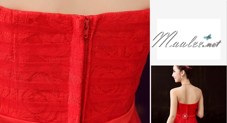 พร้อมส่ง ชุดราตรียาว เกาะอกลูกไม้ คลุมผ้าตาข่ายชั้นนอก แต่งโบว์ช่วงเอว สีแดง