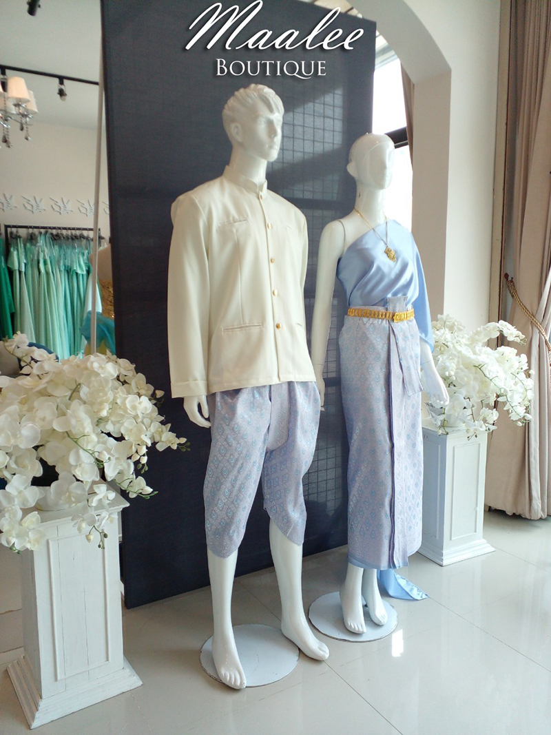 เช่า ชุดไทย ชุดเพื่อนเจ้าสาว ชุดไทยผ้าถุงสีชมพูฟ้าเงิน สไบเรียบสีเทาฟ้า