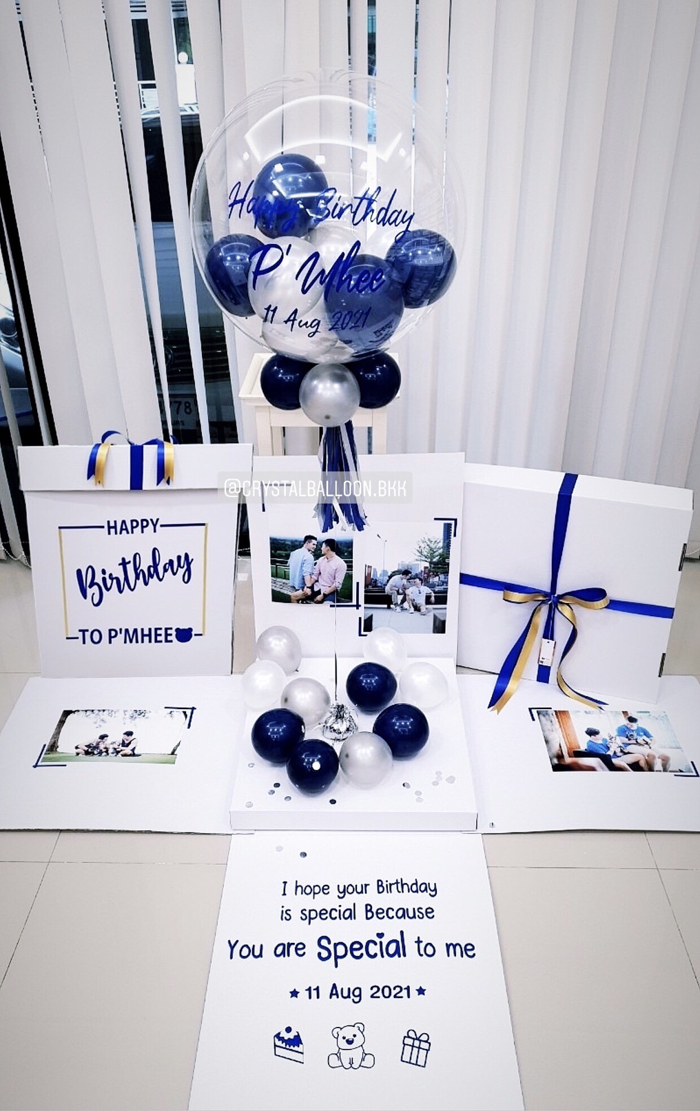 Happy Birthday Surprise Box กล่องเซอร์ไพรส์วันเกิด Bubble USA ขนาด 24" Theme Dark Blue พร้อมตกแต่ง สามารถใส่รูปได้ 4 ใบ สามารถเปลี่ยนสีลูกโป่ง/เปลี่ยนข้อความได้