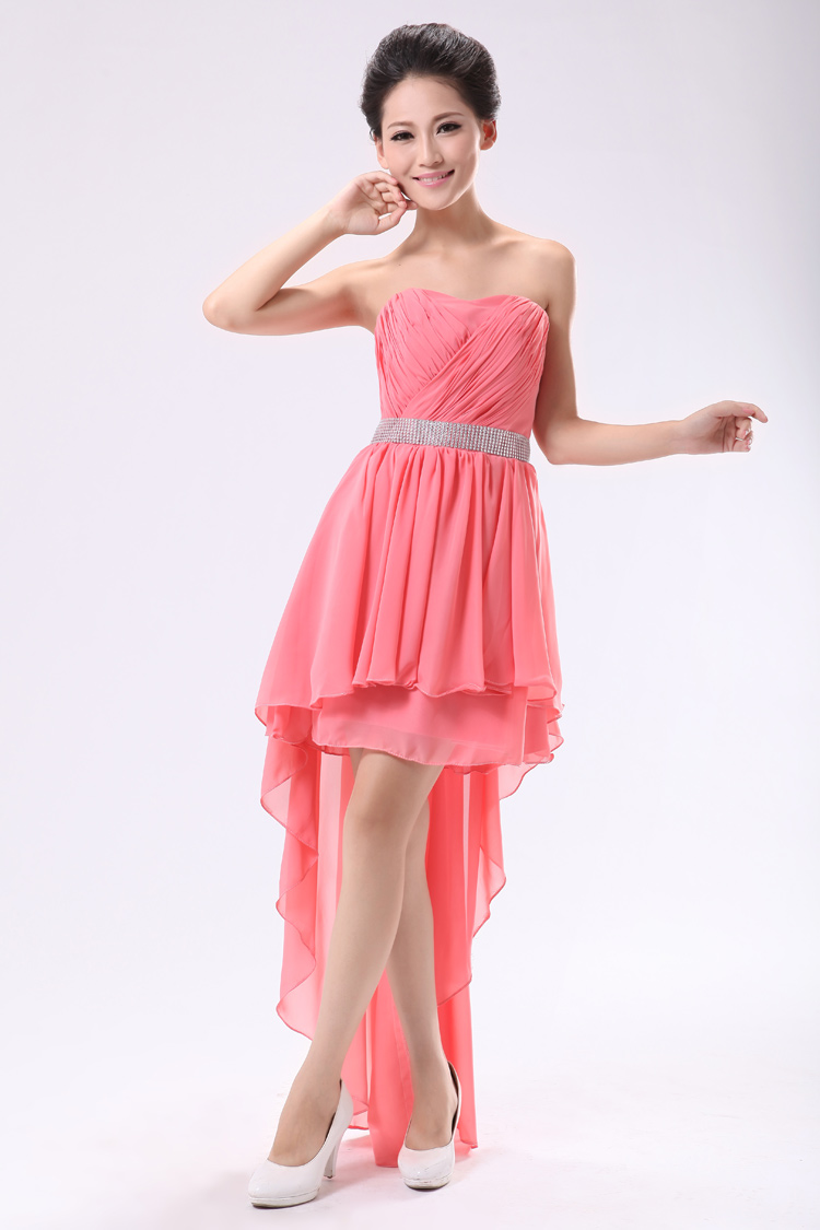 พร้อมส่ง ชุดราตรีสั้น เกาะอก สีโอโรส หน้าสั้นหลังยาว คาดเอวแถบคริสตัลสวย