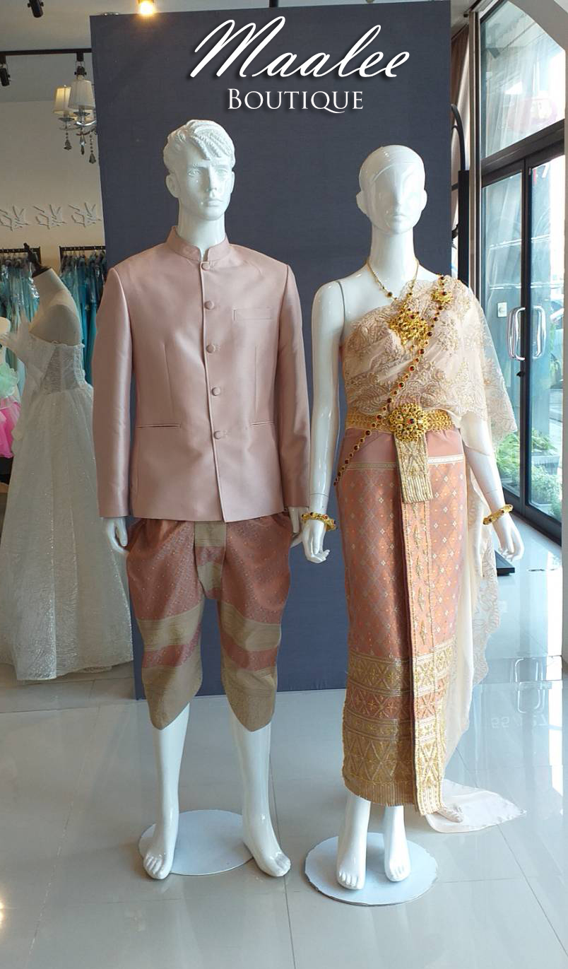 พร้อมเช่า ชุดแต่งงานไทยประยุกต์ สไบลูกไม้สีชมพูโรสโกลด์ (ราคาเช่าเป็นคู่)