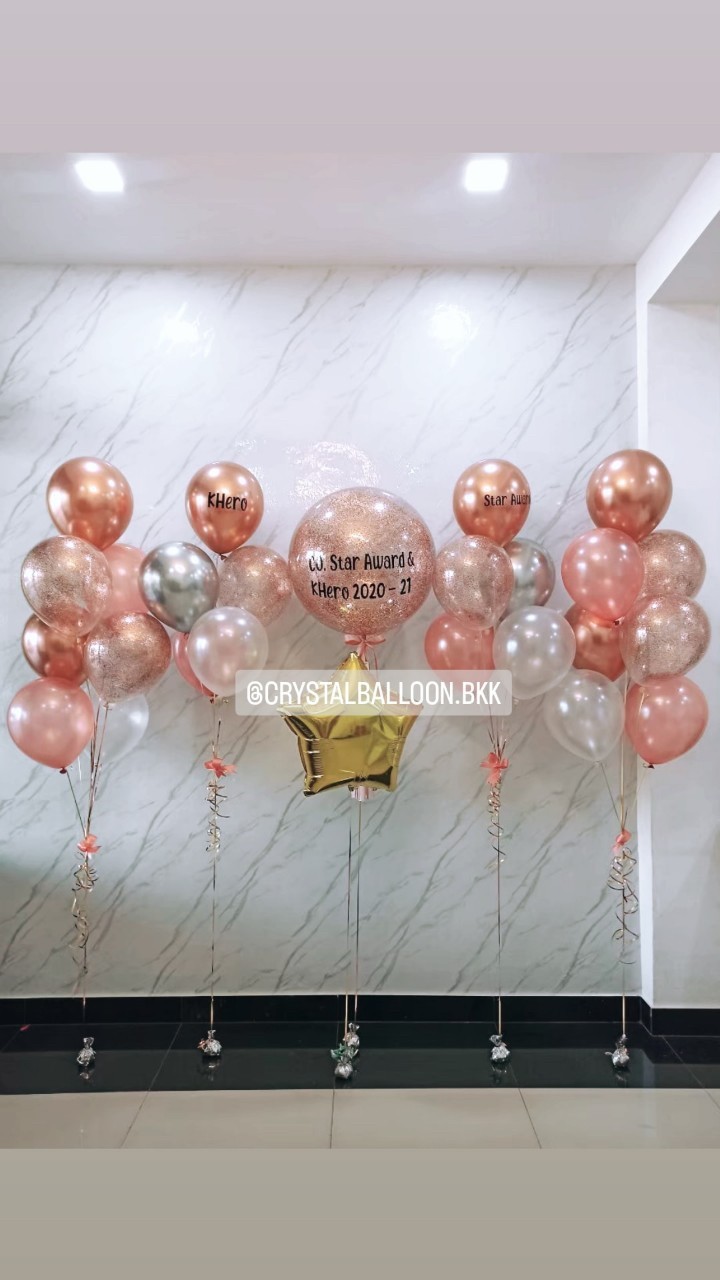ลูกโป่ง เปิดงาน Bubble ขนาด 24" Theme โรสโกล พร้อม ช่อลูกโป่ง ช่อ 7 ลูก 2 ช่อ พร้อม ช่อลูกโป่ง 5 ลูก 2 ช่อ,ฟอยล์ดาว ขนาด 24" 1 ชิ้น พร้อมตกเเต่ง สามารถเปลี่ยนสีลูกโป่ง/เปลี่ยนข้อความ/เปลี่ยนขนาดได้
