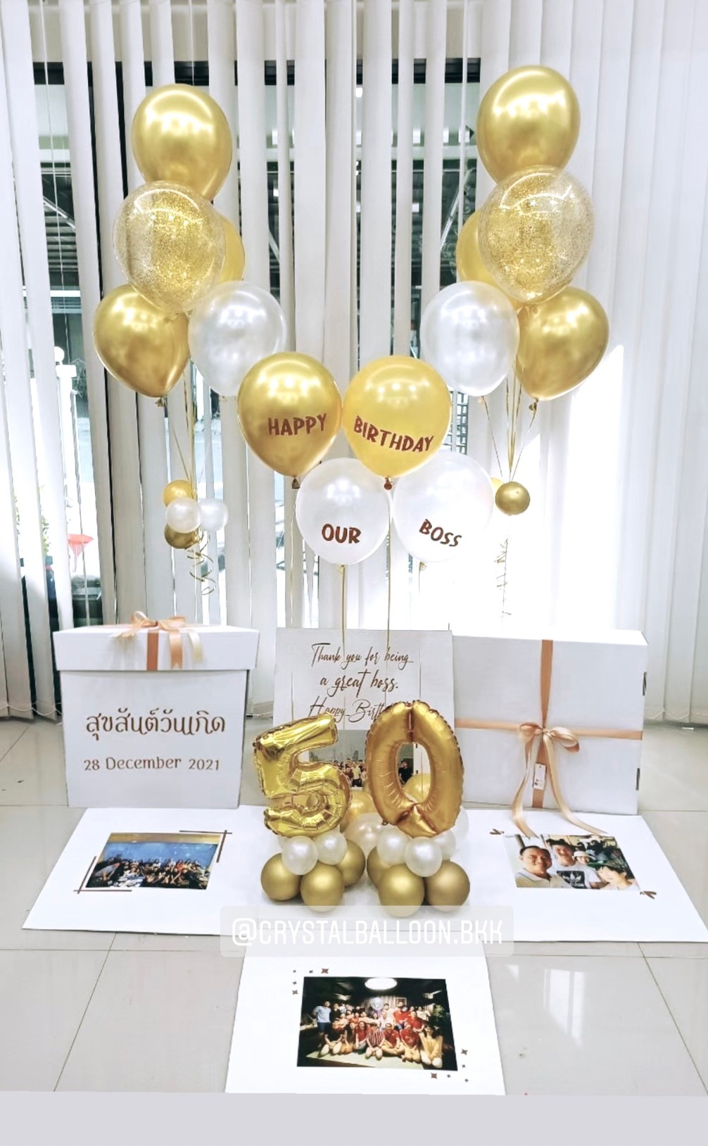 Happy Birthday Surprise Box ช่อลูกโป่ง 5 ลูก Theme สีเหลือง พร้อม ฟอยล์ตัวเลข ขนาด 16" ตั้งฐาน 2 ตัว,สามารถใส่รูปได้ 3 ใบ สามารถเปลี่ยนสีลูกโป่ง/เปลี่ยนข้อความ/เปลี่ยนสี-ฟอยล์ตัวเลขได้