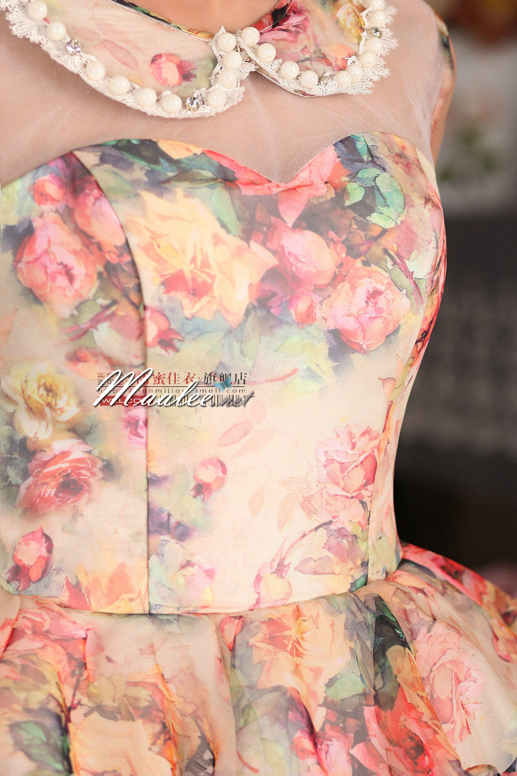 พร้อมเช่า ชุดแฟนซี ชุดราตรีสั้น หวานแบบ Vintage ผ้าโปร่งลายดอกไม้ กระโปรงผ้าแก้วสีขาว สวยหวาน