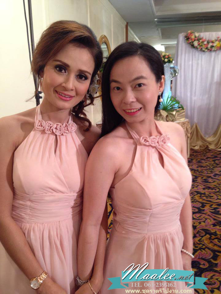 พร้อมส่ง ชุดราตรีสั้น สีชมพูอ่อน ชุดเพื่อนเจ้าสาว Pink-001E