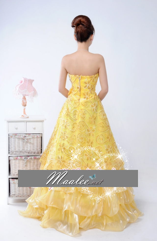 พร้อมเช่า ชุดแฟนซี ชุดราตรียาว เกาะอก สีโอโรส ผ้าแก้วพิมพ์ลายสวย กระโปรงแต่งระบาย