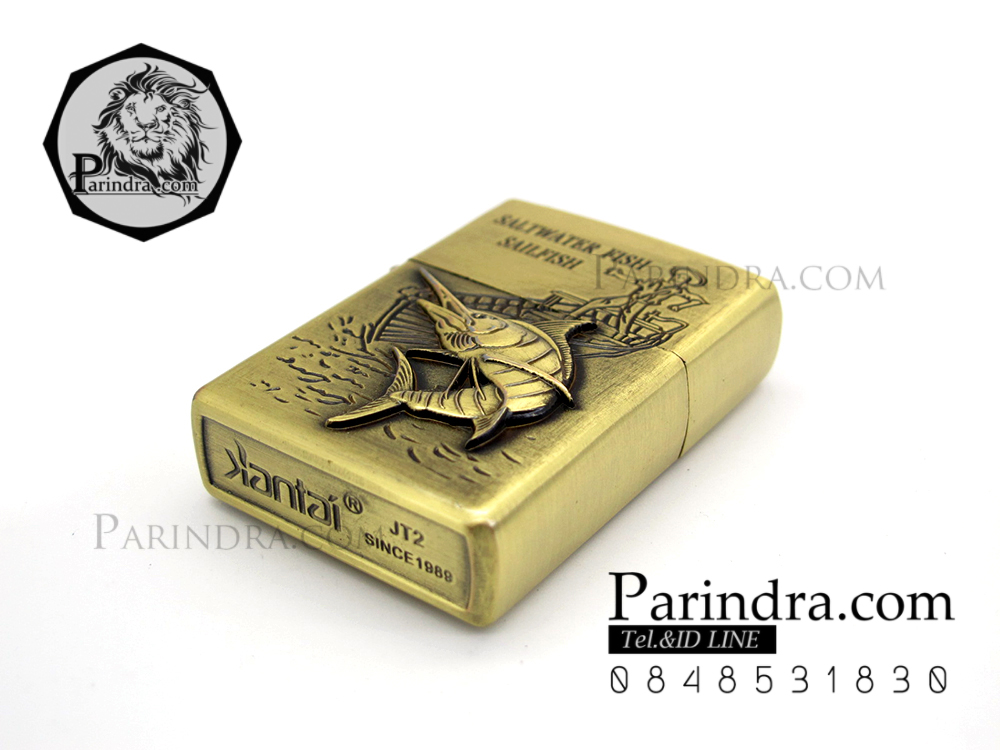 ไฟแช็คน้ำมัน ลายปลากระโทงร่ม ติดเบ็ด สีทองเหลือง ไฟแช็คนักตกปลา