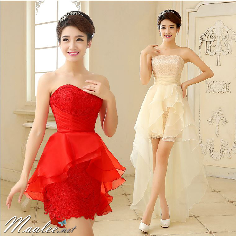 พร้อมส่ง ชุดราตรีสั้น เกาะอก หน้าสั้นหลังยาว ผ้าลูกไม้แต่งผ้าแก้วระบายชั้นๆ สีครีม (หางยาว)