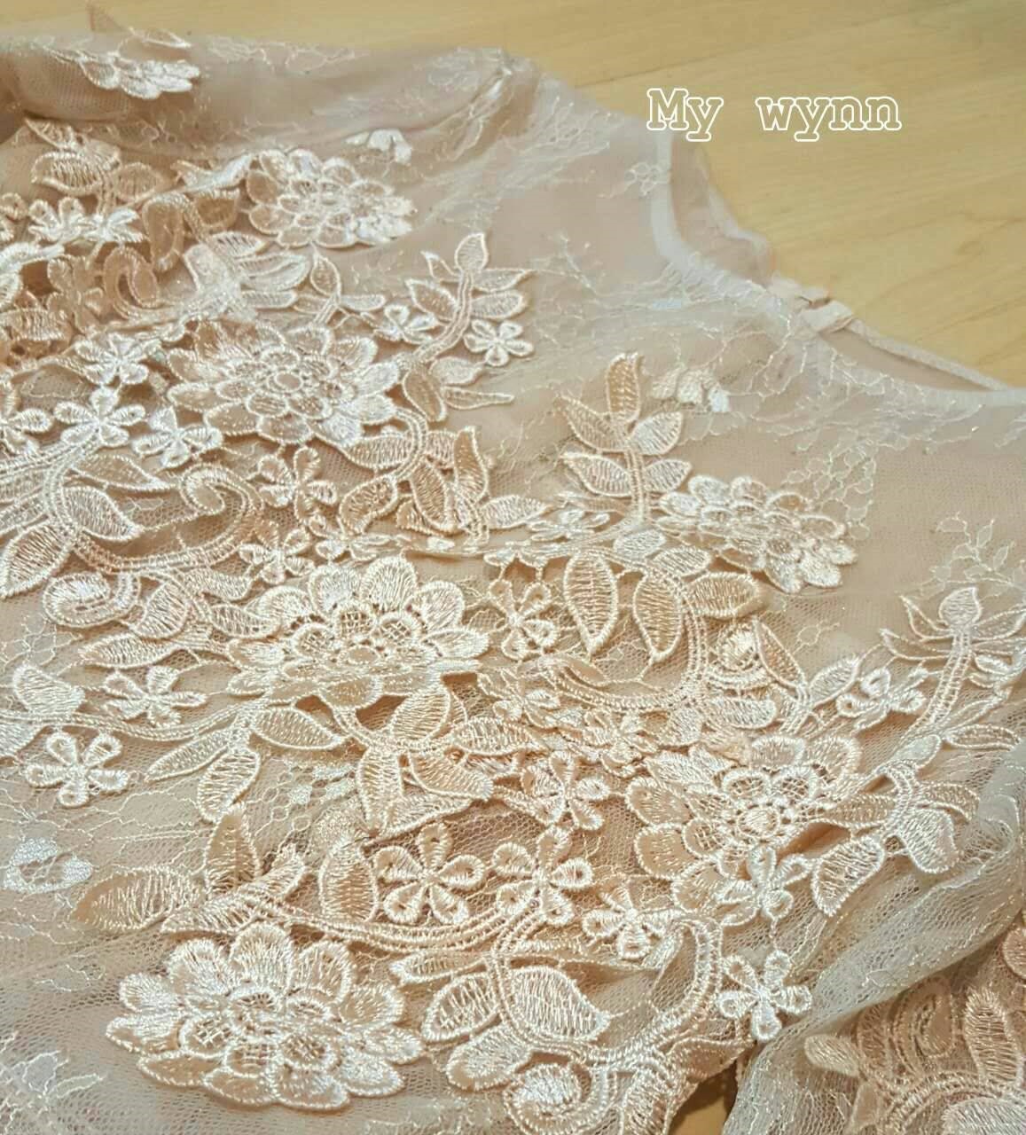 พร้อมเช่า ชุดเดรส/ชุดราตรีสั้น แขนยาว สี Apricot ลูกไม้สวย