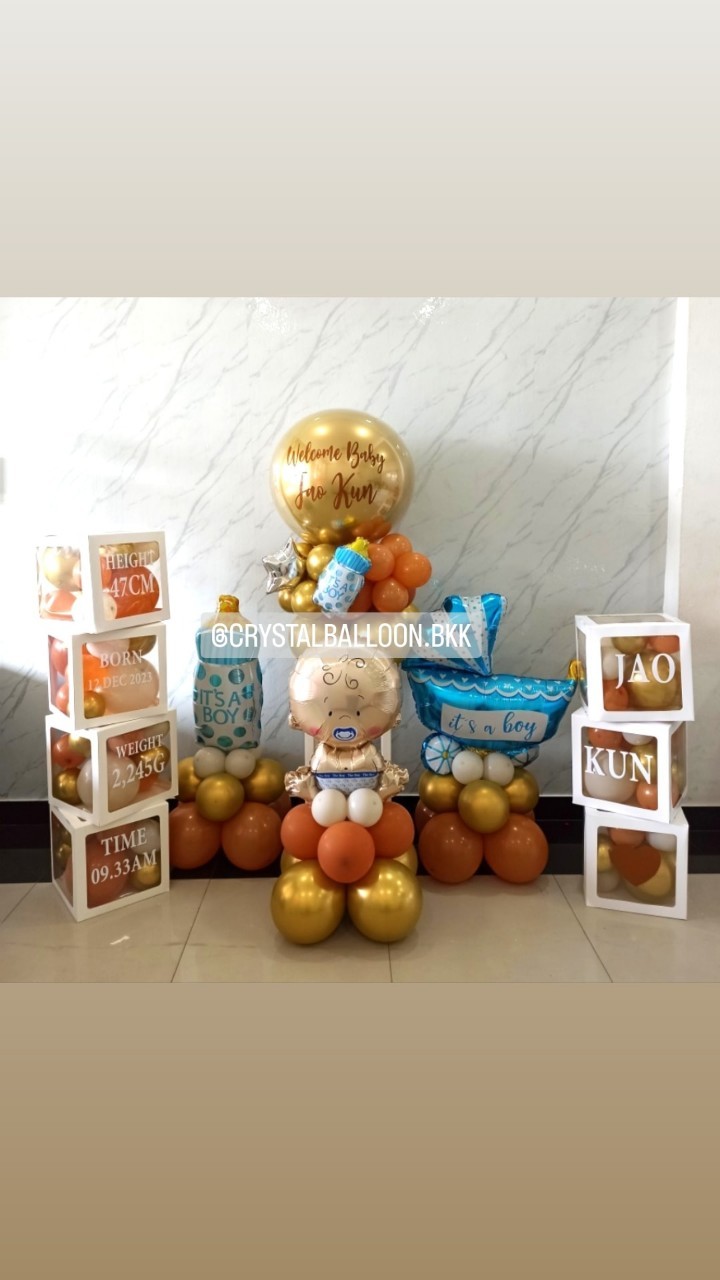 Organic Welcome Baby Boy รูปแบบใหม่ ไม่ซ้ำใคร ลูกโป่งยาง ขนาด 24" ตั้งฐาน 1 ชิ้น พร้อม ฟอยล์ตั้งฐาน 3 ชิ้น,กล่องใส ติดตัวอักษร 7 กล่อง พร้อมตกแต่ง สามารถเปลี่ยนสีลูกโป่ง/เปลี่ยนข้อความ/เปลี่ยนสี-ฟอยล์ตกแต่งได้