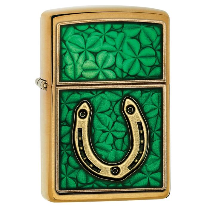 ไฟแช็ค Zippo แท้ "Zippo 29243, Horseshoe & Clovers Emblem, Brushed Brass Finish " แท้นำเข้า 100%