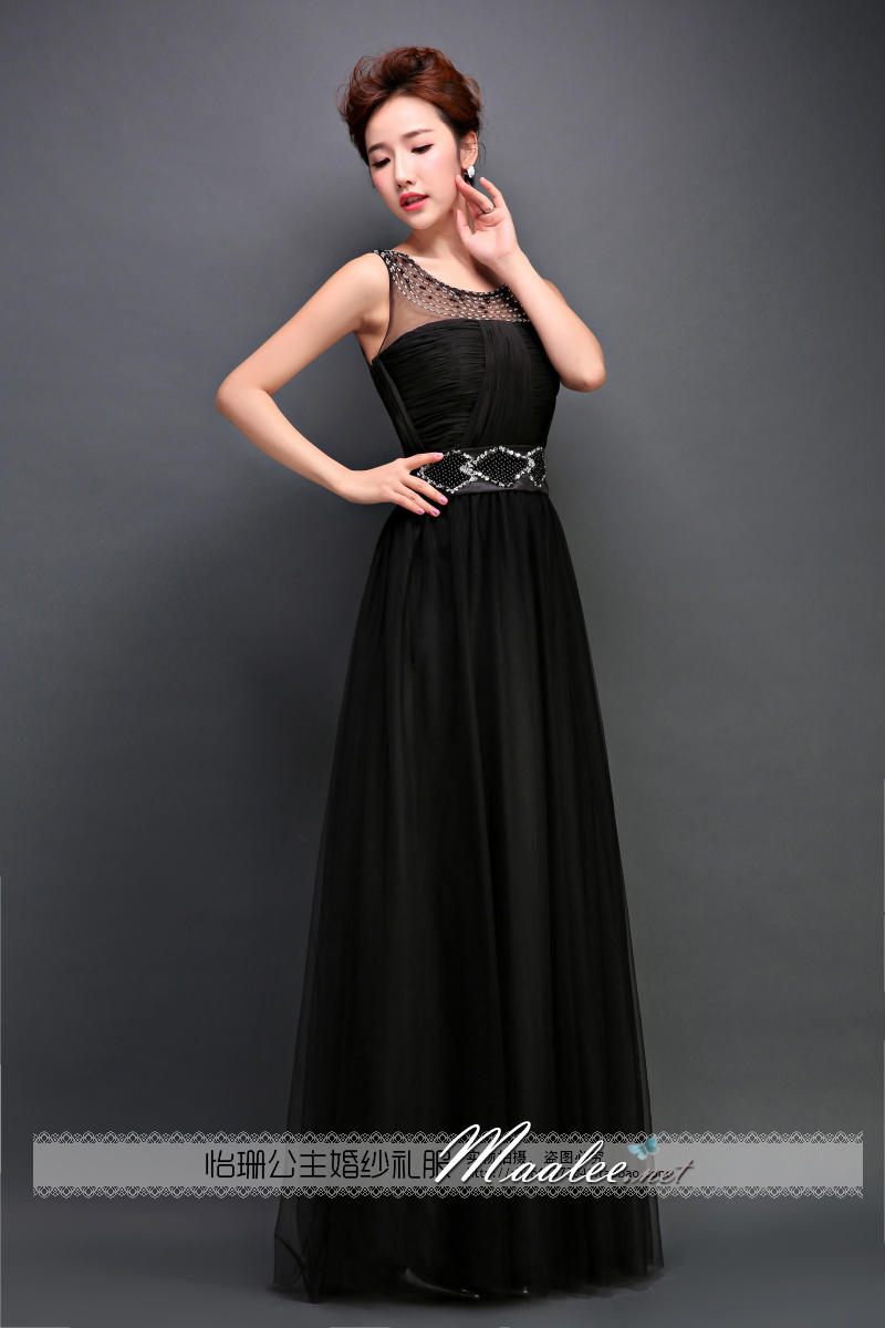 พร้อมเช่า ชุดราตรียาว สีดำ อกจับจีบผ้าชีฟอง สไตล์กรีก ช่วงคอแแต่งลูกปัดผ้าตาข่าย&กระโปรง เอวแต่งลูกปัดพร้อมเลื่อม