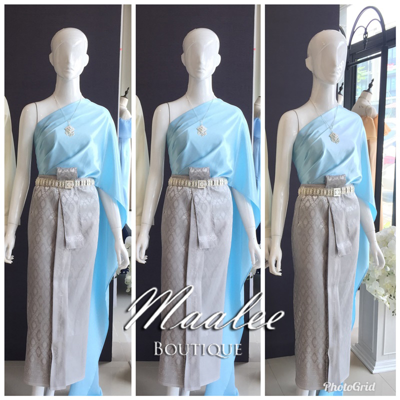 เช่า ชุดไทย ชุดเพื่อนเจ้าสาว ชุดไทยผ้าถุงสีเทาเงิน สไบเรียบสีฟ้า