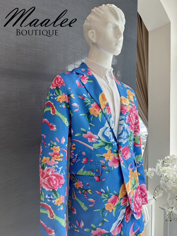 พร้อมเช่า ชุดสูทชาย สูทจีน ลายดอก สีน้ำเงิน