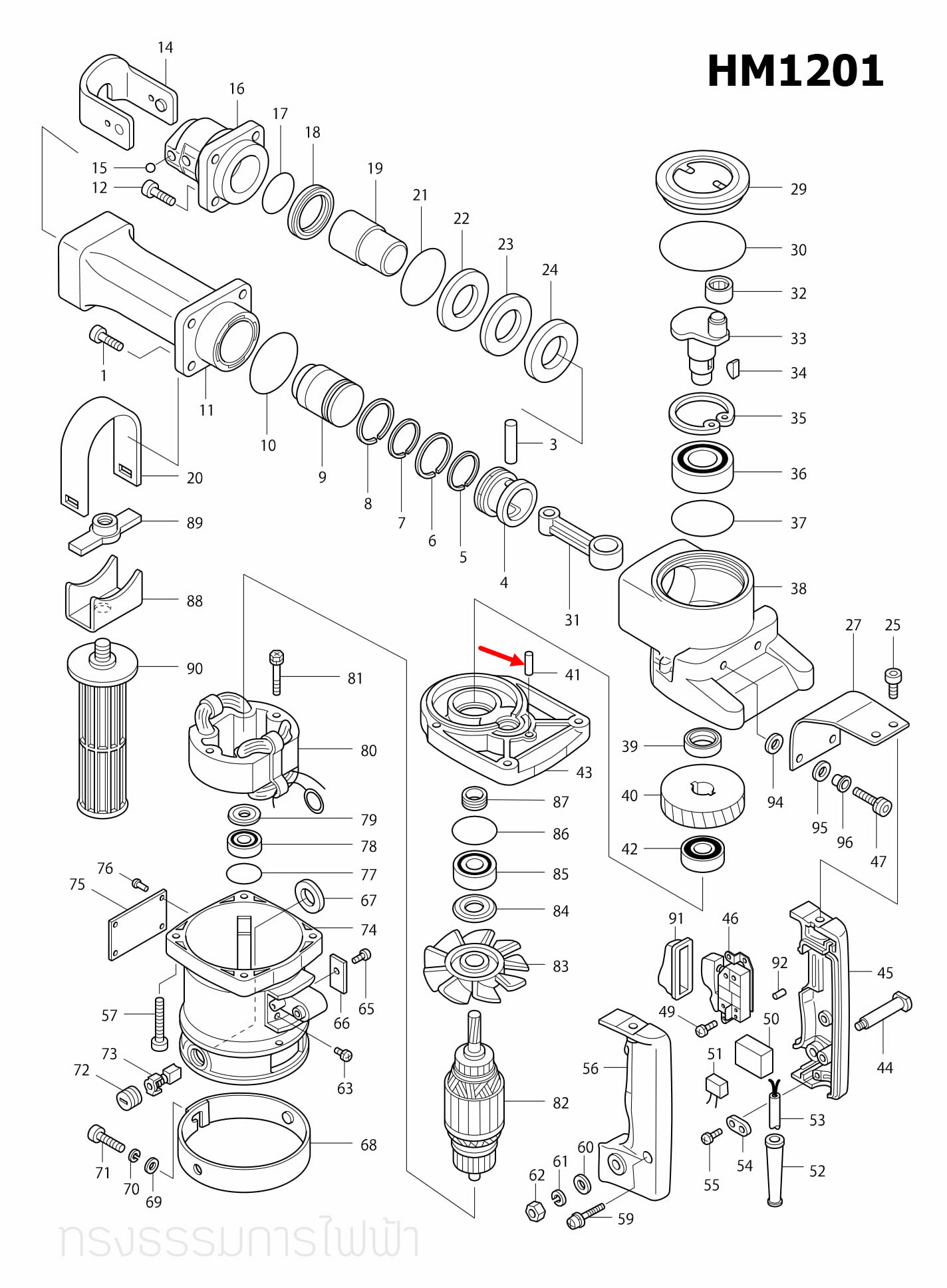 สลักเสื้อ 6 สกัด เจาะพื้น Makita HM1201, HM1302, HM1305, HM1306 Pn.256111-1 (แท้) ##