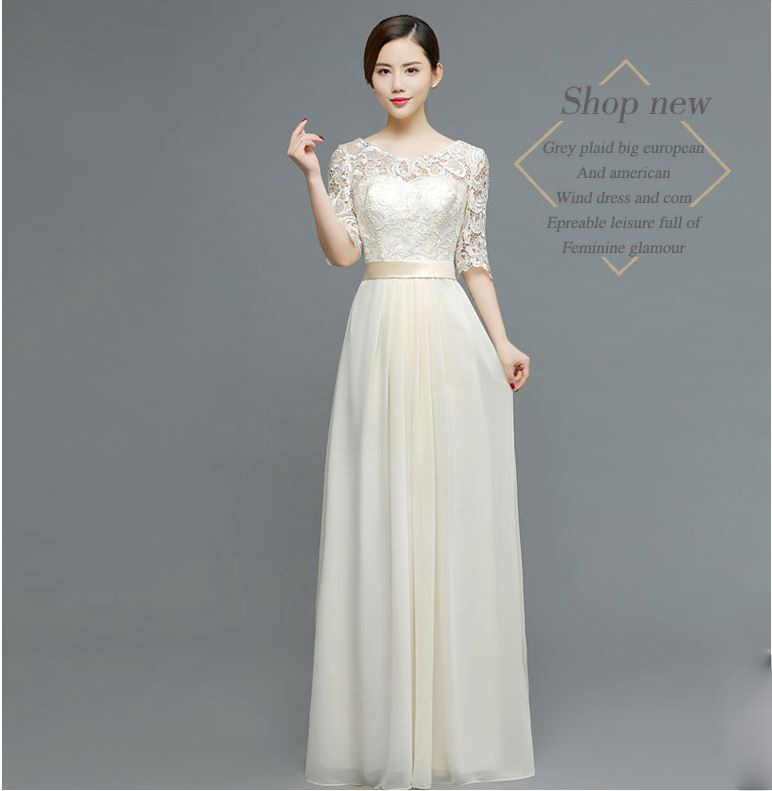 พร้อมส่ง ชุดราตรียาว สีครีม แขนสามส่วน ลูกไม้ฉลุ กระโปรงผ้าชีฟอง