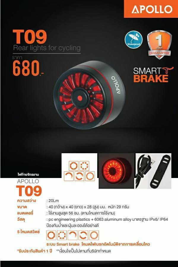 ไฟท้ายจักรยาน APOLLO T09 tAIL LIGHT USB CHARGE 20ลูเมน