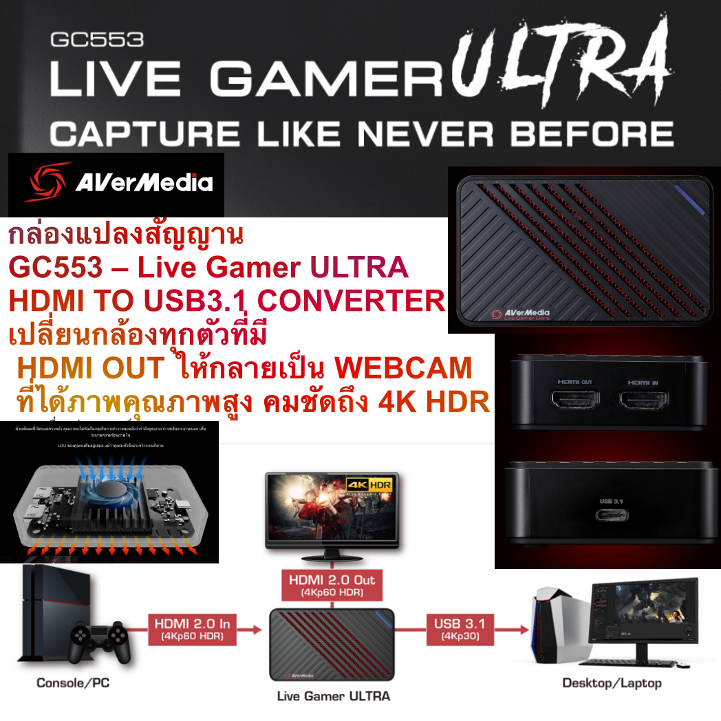 กล่องแปลงสัญญาน GC553 – Live Gamer ULTRA Avermedia HDMI TO USB3.1 CONVERTER เปลี่ยนกล้องทุกตัวที่มี HDMI OUT ให้กลายเป็น WEBCAM ภาพคุณภาพสูง 4K HDR capture card ประกันศูนย์