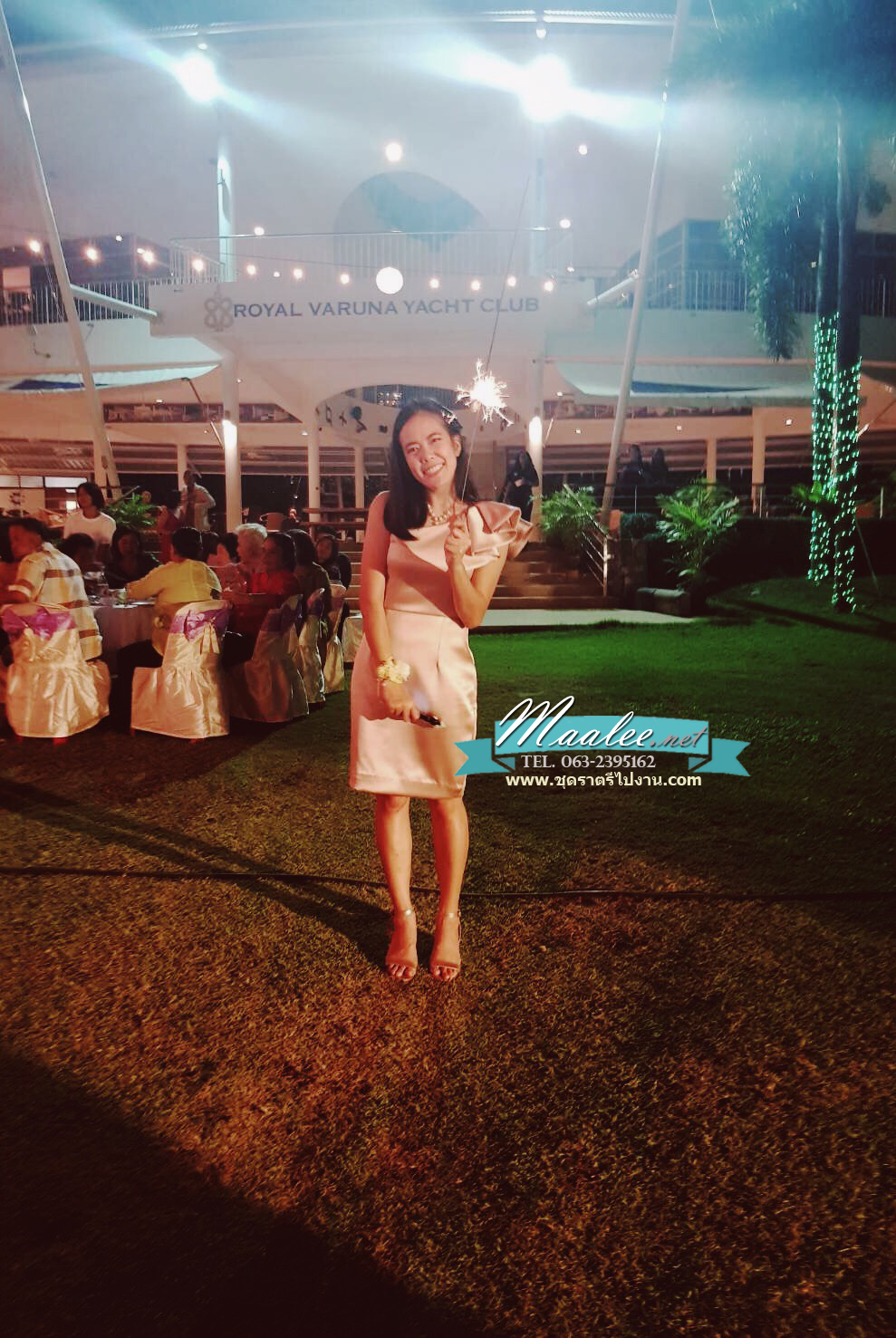 พร้อมเช่า ราตรีสั้น เดรสไหล่เดียว ผ้าดัชเชส ทรงเข้ารูป แต่งระบาย สีทอง rose gold