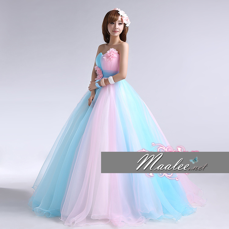 พร้อมเช่า ชุดแฟนซี ชุดราตรียาว เกาะอก สีฟ้า ชมพู สวยหวาน ผ้าโปร่งแต่งดอกไม้