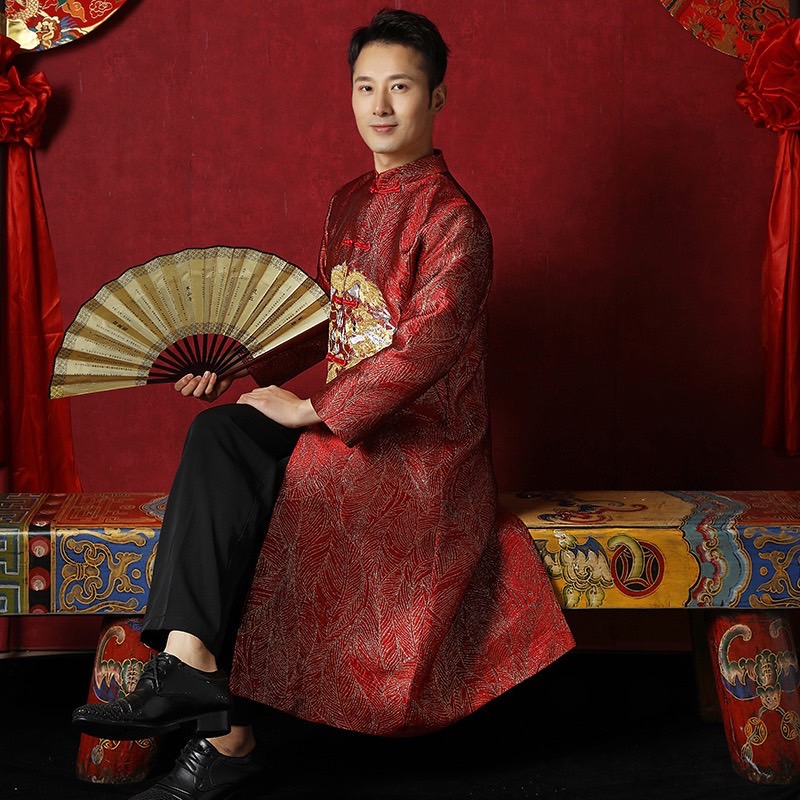 พร้อมส่ง เสื้อคอจีนยาวแขนยาว ผ้าไหมจีน สีแดงปักดิ้นทอง (ไซส์ M)