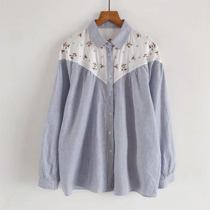 เสื้อเชิ้ตผ้าฝ้ายลายริ้วต่อลายผ้าลายปัก