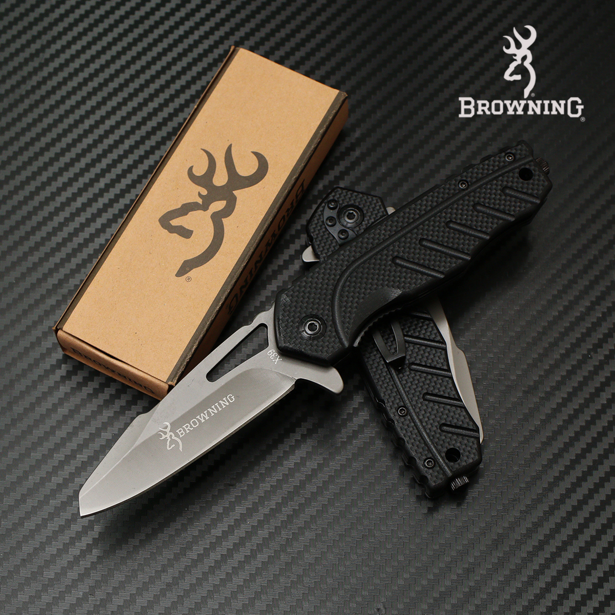 มีดพับ เปิดไว Browning รุ่น x39 (OEM) ท้ายทุบกระจก ด้ามดำ