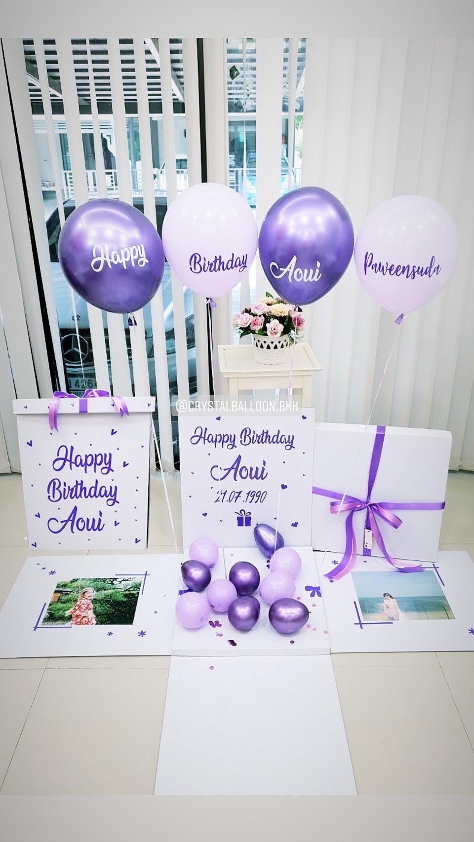 Happy Birthday Surprise Box กล่องเซอร์ไพรส์วันเกิด โทนสีม่วง-ขาว พร้อมตกแต่ง สามารถใส่รูปได้ 2 ใบ สามารถเปลี่ยนสีลูกโป่ง/เปลี่ยนข้อความได้