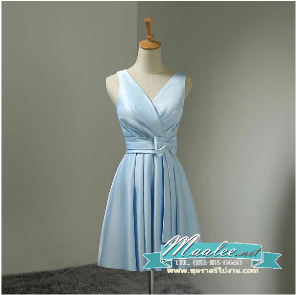 พร้อมเช่า ชุดราตรีสั้น แขนกุด สีฟ้า ผ้าซาติน คาดเอวสีฟ้า แต่งโบว์ตรงเอว