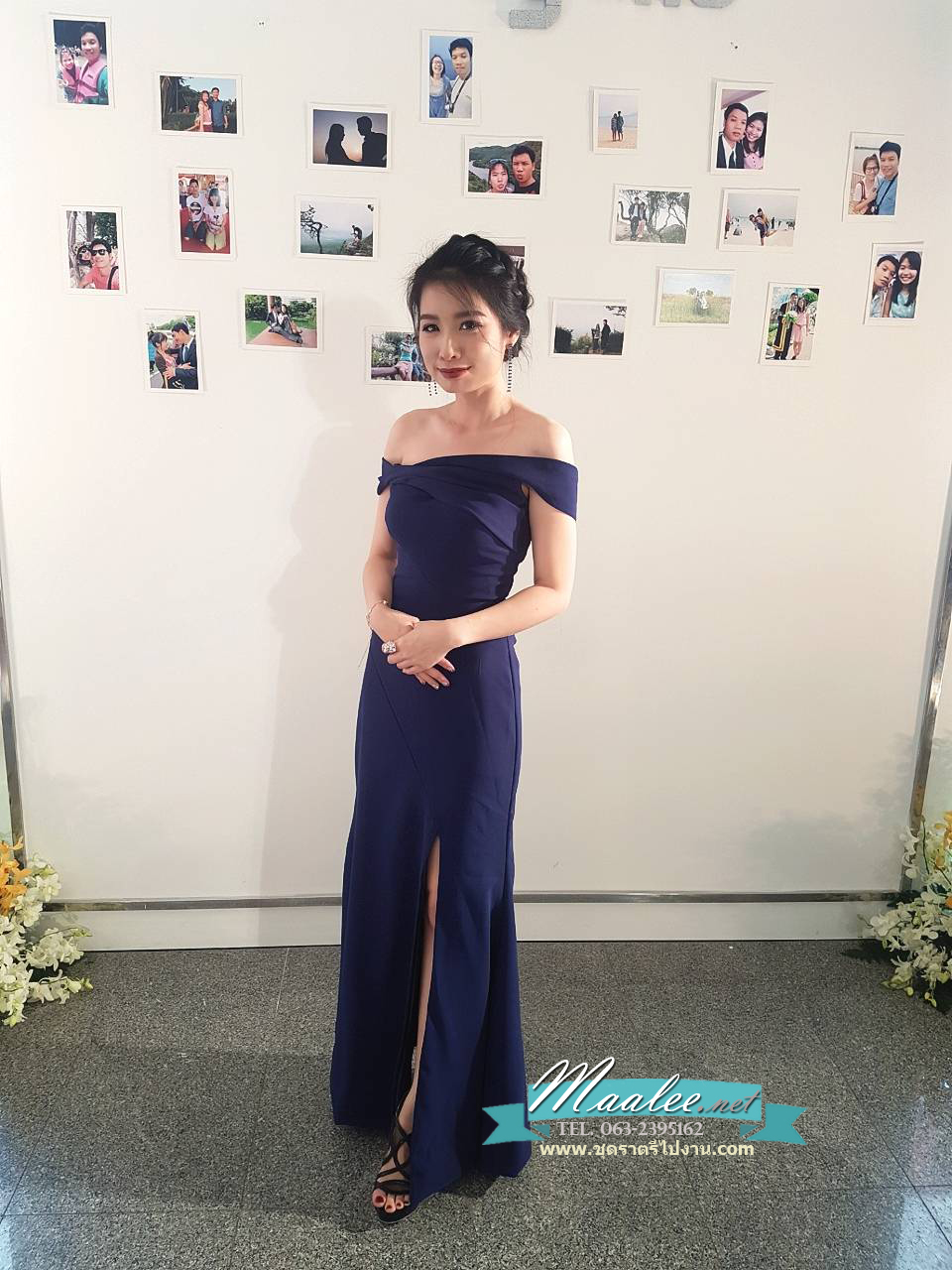 พร้อมเช่า ชุดราตรียาว แบบปาดไหล่ ทรงหางปลาแหวกหน้าขา สีกรมท่า เนื้อผ้ายืด