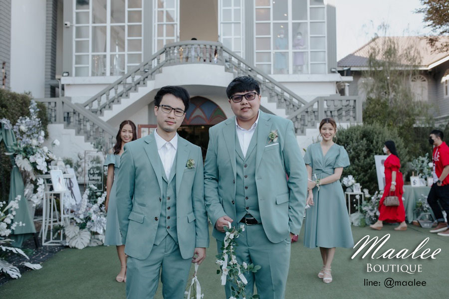 พร้อมเช่า เสื้อสูทชาย สีเขียวมิ้นต์เข้ม สีเขียวพาสเทล Dark Pastel Mint Green (พร้อมเสื้อกั๊ก)