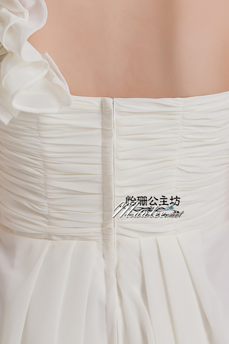 พร้อมส่ง ชุดราตรีสั้น ไหล่เดียว จับเดรปหน้าอก แต่งระบายช่วงไหล่ สีชมพู