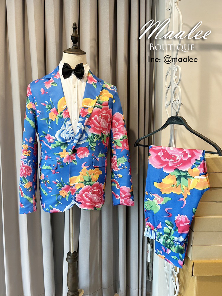 พร้อมเช่า ชุดสูทชาย สูทจีน ลายดอก สีน้ำเงิน